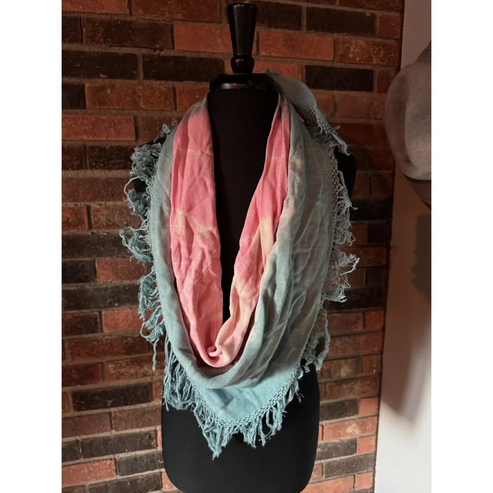 Boho Tie Dye Infinity Scarf Pink Teal‎ Fringe Lightweight